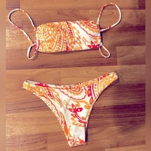 White Bikini with orange paisley band top with tie ribbed material SHEIN -size s